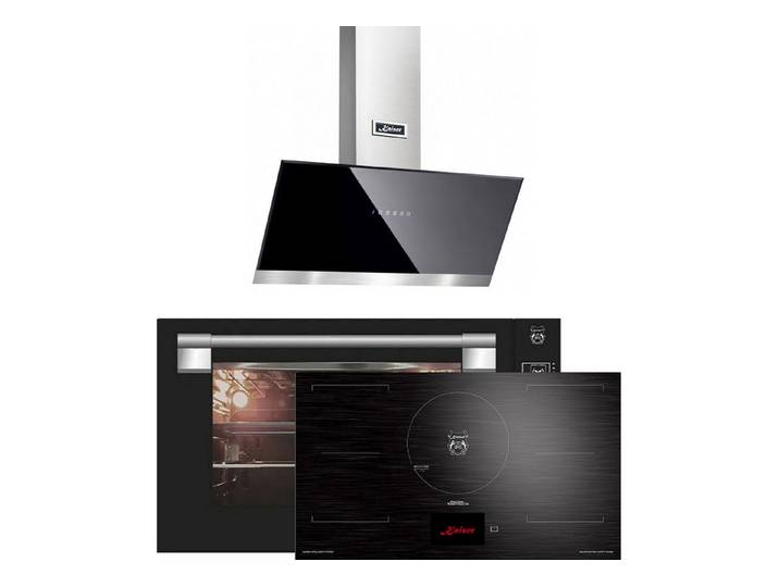 Kaiser Küchengeräte Backofen-Set Herd Set Autark Einbau Backofen 90 cm 105L Schwarzes Glas TouchControl mit Induktionskochfeld 90 cm TFT Display, FREE Zone+Dunstabzugshaube 90 cm, Schwarz Glas Edelstahl, 1250m³/h EH 9309+KCT 9140 FI+AT 9440, mit 1-fach-Teleskopauszug, Einbau Backofen 90 cm+ Induktionskochfeld 90 cm+Dunstabzugshaube 90 cm