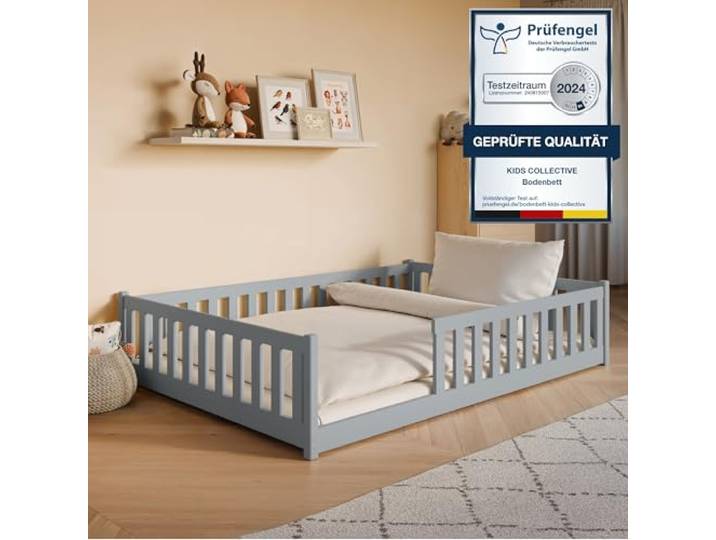 Kids Collective Montessori-Bodenbett 140x200 cm, Aschgrau, Rausfallschutz Lattenrost inklusive, Matratze optional, für Kinder und Jugendliche