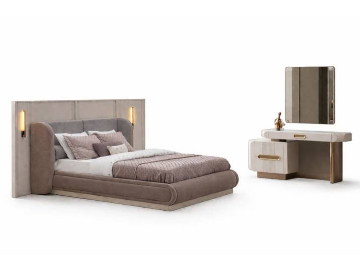 Xlmoebel Schlafzimmer-Set Luxus Polsterbett & Frisiertisch Set Samt-Optik Beige Sofort, (3-tlg)
