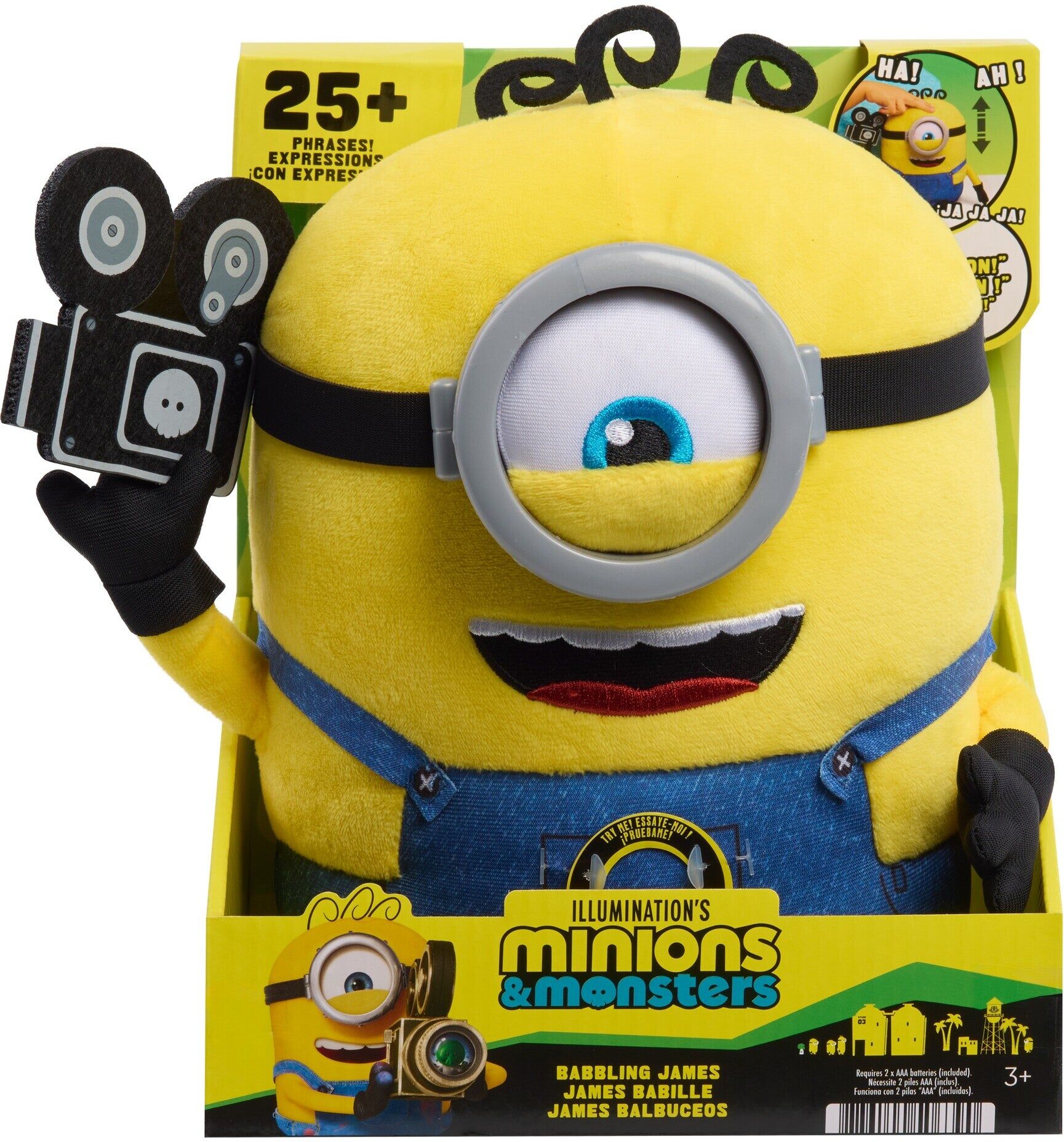 Just Play Minions ; Monsters Babbling James Interactive Plush - Yellow & Blue - Soft & Cuddly - For Kids