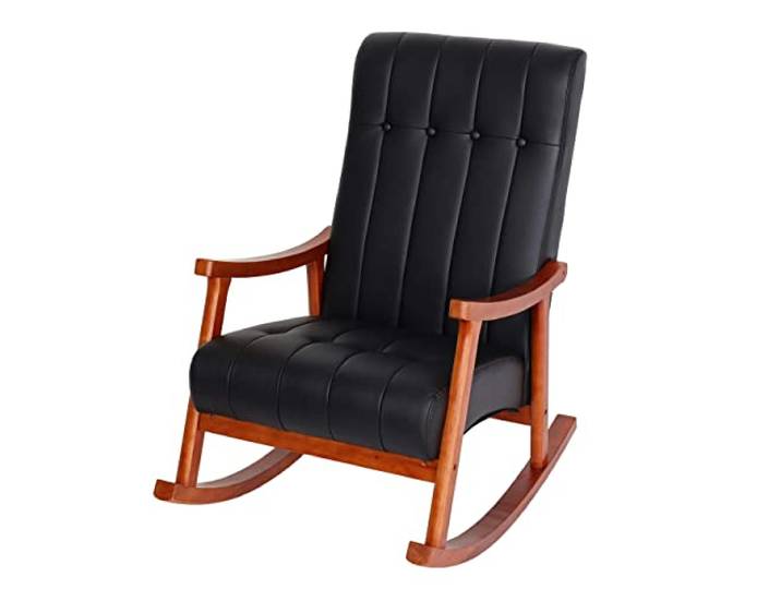 Mendler Schaukelstuhl HWC-K10 - Kunstleder schwarz, Gestell Walnuss-Optik Schaukelsessel, Schwingstuhl, Relaxsessel, FSC®
