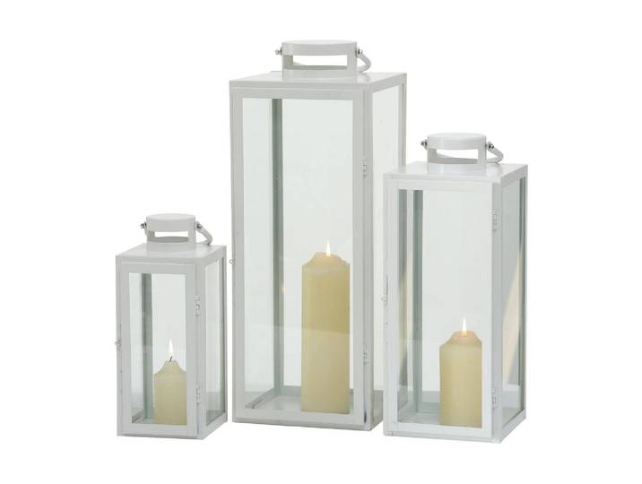 Kerzenlaterne BOLTZE Arana 3-teilig , weiss (transparent, weiß), Eisen, Glas, Metall, Kerzenhalter, Kerzenlaterne