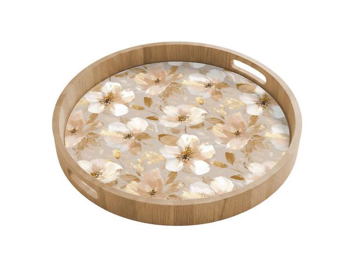 OnlyWow Tablett - Blumen - künstlerisch - Gold - 50x50 cm, Beige, Holz, Echtholz,Eiche, Rund, 50x5x5 cm, Geschirr, Tischkultur & Serviergeschirr, Tabletts