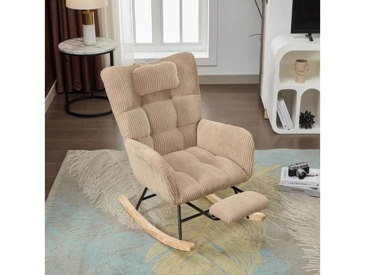 Fauteuil à bascule rocking chair avec accoudoirs Repose-pieds extensibles Pieds en bois massif velours côtelé Marron