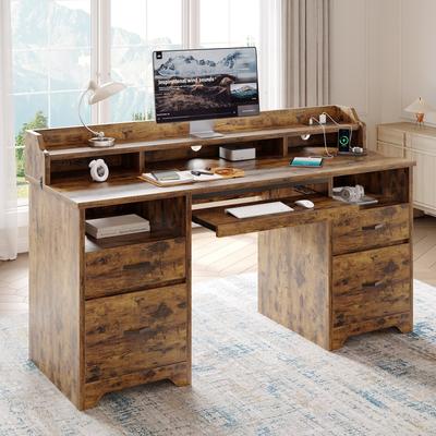 Bestier "59"" Computer Desk with Charging Port, Hutch, 4 Drawers & Pull-out Keyboard Tray"