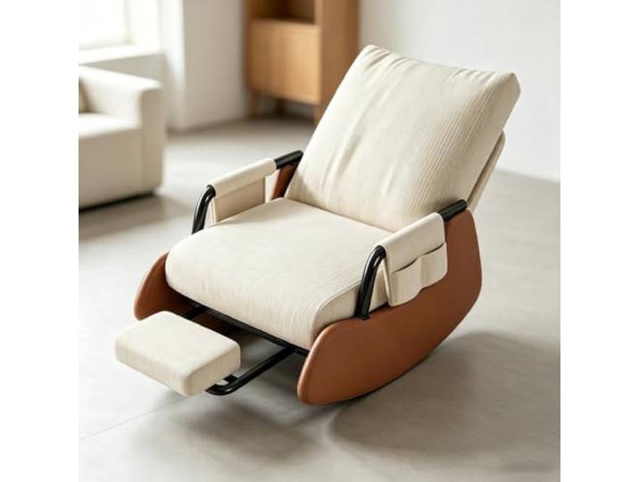 Relaxsessel mit Hocker mit Ausziehbarer Fußstütze Wohnzimmersessel mit harmonischer Wippfunktion und durchdachter Seitenaufbewahrung.