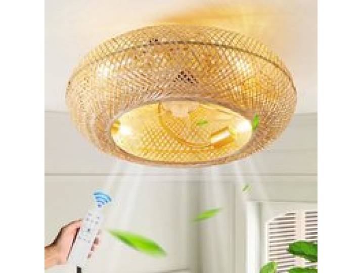 Ventilateur plafond silencieux avec lumière LED télécommande 6 vitesses design rotin bambou réversible minuterie 50W chambre