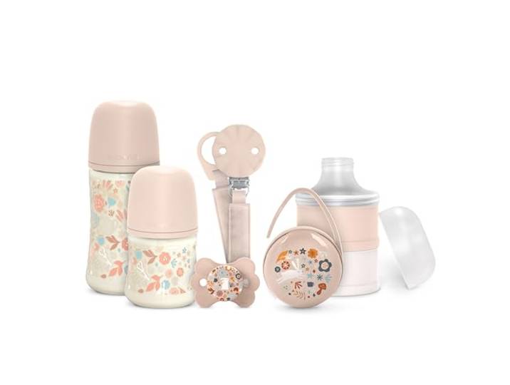 Suavinex, Neugeborenen-Geschenkset, Anti-Kolik-Flaschen-Set mit 150 ml und 270 ml + Schnuller 0/6 Monate mit SX Pro Sauger + Milchdosierer + Schnullerbox + Schnullerband, Wonderland Rosa