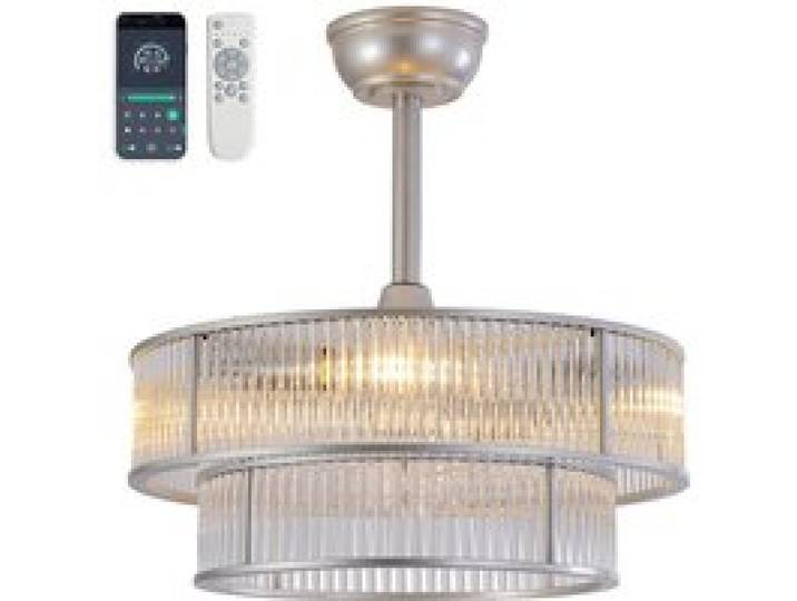 MEULVA Plafonnier ventilateur avec cristaux double anneau argenté 6 vitesses 4 douilles E26 et télécommande
