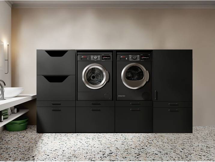 Meuble WASHING 2 machines avec armoire 1 porte 2 tiroirs et armoire linge noir