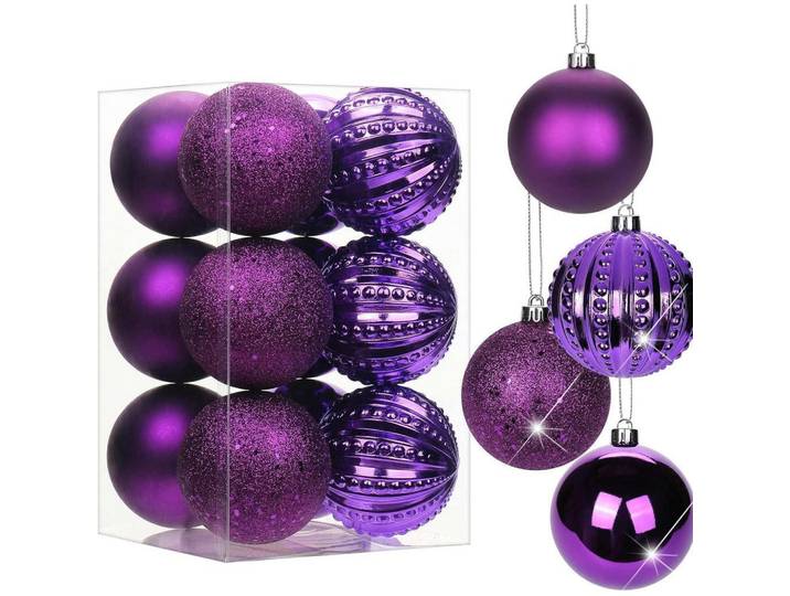 Weihnachtskugeln 12-teiliges Set 8 cm Lila Bruchsicher Kunststoff, 8x8x8 cm, Dekoration, Weihnachtsdekoration, Christbaumschmuck, Christbaumkugeln