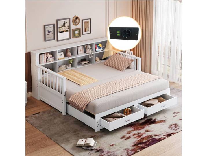VUENOR Lit banquette extensible 90x190 cm blanc – 2 tiroirs sans matelas
