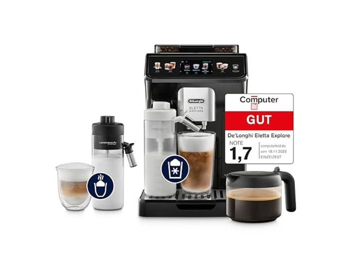 De'Longhi Eletta Explore - Kaffeevollautomat mit 40+ Getränken Grau Kaffeemaschine mit LatteCrema Hot & Cool-Milchaufschäumer, Heiße & Kalte Getränke, Farbdisplay, ECAM452.57.G
