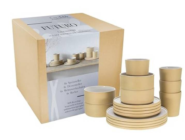 CreaTable\, 21532\, Série Futuro White Sand\, Set de vaisselle 16 pièces\, service combiné en grès