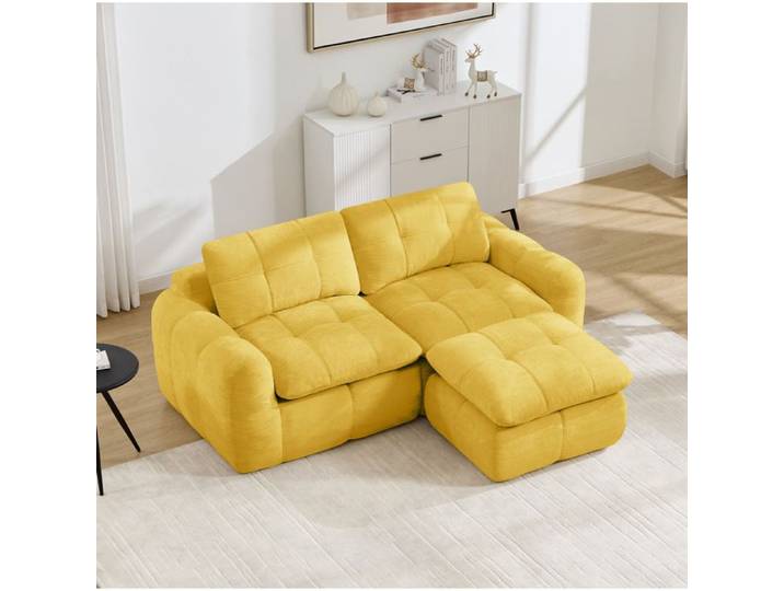 COVREO Canapé d'angle modulable compressé 2 places avec ottoman chenille jaune sans montage