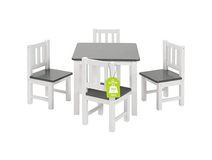 Bomi Kinderecke Wartezimmer 4 Stühlchen Baby mit Tisch Amy aus FSC nachhaltiger Kiefer Massiv Holz Zeitlose Tischgruppe für das Kinderzimmer Grau Weiß