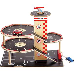Hape Parkgarage 3002 Parkhaus, aus Holz, mit 3 Ebenen, Aufzug, 2 Fahrzeugen & Hubschrauber