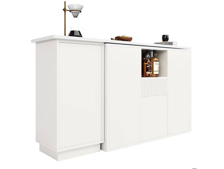 Îlot central rotatif 360° blanc en MDF effet marbre rangement ouvert et fermé style moderne