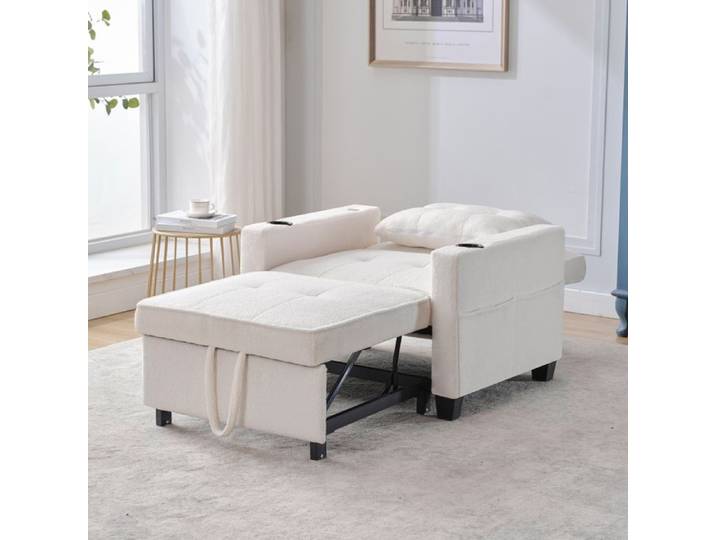 Canapé Convertible Inclinable en Tissu Blanc - Fauteuil Extensible avec Structure en Acier et Bois - Pour Bureau & Studio