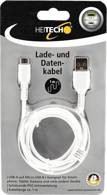 Heitech USB-A naar Micro-USB-B kabel, 1 meter, wit