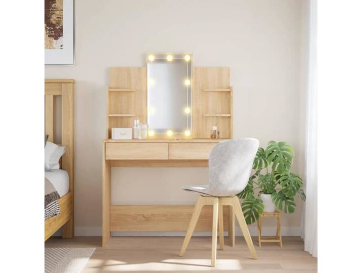 Coiffeuse - DUOKON - Chêne Sonoma - 2 tiroirs - Miroir avec lumières LED - 96x40x142 cm