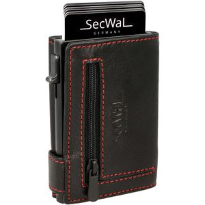 SecWal Kreditkartenetui Echt Leder, schwarz/rot, für 10 Karten, Münzfach mit Reißverschluss & Geldscheinfach, RFID Schutz