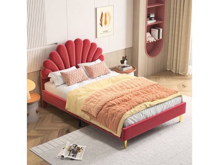 Lit double 140x200 cm tête de lit fleurie velours cadre robuste avec sommier à lattes tous âges bordeaux