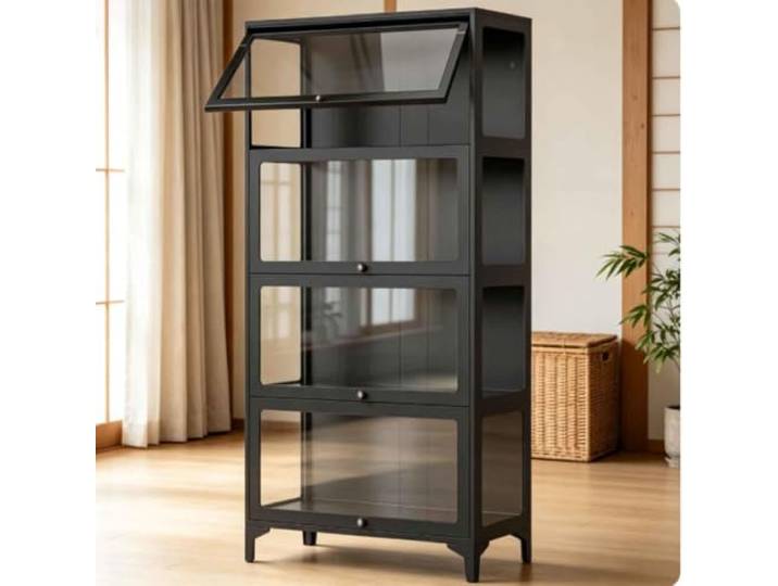 Gavoir Vitrine Schwarz Metall Glas 4-Lagen 32x78x165cm Vitrinenschrank Wohnzimmer Küche Küchenschrank Glasvitrine Stehend Sammlervitrine Stehend