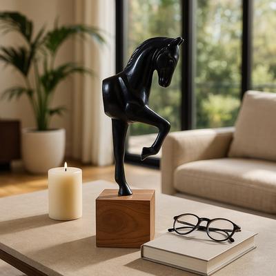 Sagebrook Home "Horse Figurine Sculpture on Wooden Stand Base - 12"", Black & Brown - 12.0"""