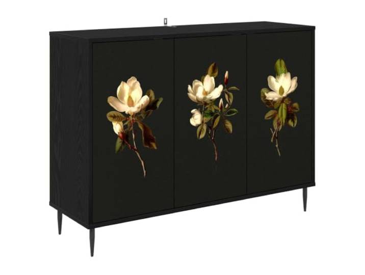Foknhdi Sideboard BREMEN 3 Türen Kommode Schwarz Eichen-Optik 102x33x76 cm Stilvoller Mehrzweckschrank fürs Esszimmer mit geometrischer Musterfront, stabilen Füßen und 30 kg Plattenbelastbarkeit.