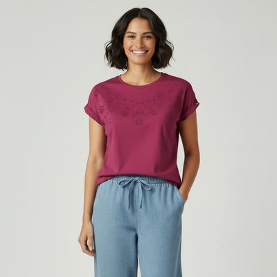 T-Shirt KANGAROOS, Damen, Gr. 48/50, lila (fuchsia), Single Jersey, Obermaterial: 50% Baumwolle, 50% Modal, figurumspielend hüftlang, Rundhals, angeschnitten Aufschlag, Shirts T-Shirt, mit Lockstickerei Detail am Halsausschnitt