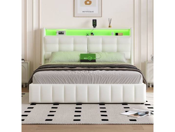 Lit plateforme - KOMHTOM - 160x200 - Tête réglable rembourrée - LED multicolore - Rangement sous lit