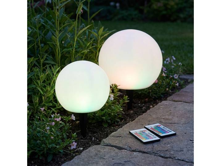 2er-Set LED-Leuchtkugel mit Fernbedienung, solarbetrieben, RGBW, 60 Lu, IP67, Ø20 & 30 cm