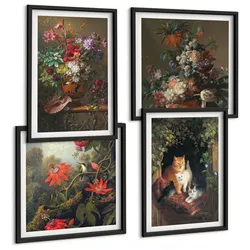 BILDER SET 4er Set - 50x50 cm & 40x60 cm Schwarzer Rahmen - Vintage-Blumen, Katzen, Pflanzen