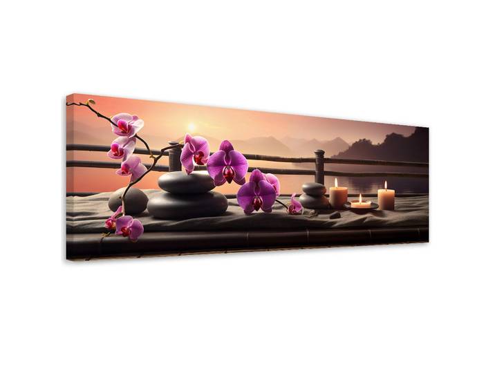 Feeby Wandbild orientalische orchideensteine, Pink, Orientalisch, Rechteckig, 90x30 cm, Bilder & Rahmen, Bilder, Leinwandbilder