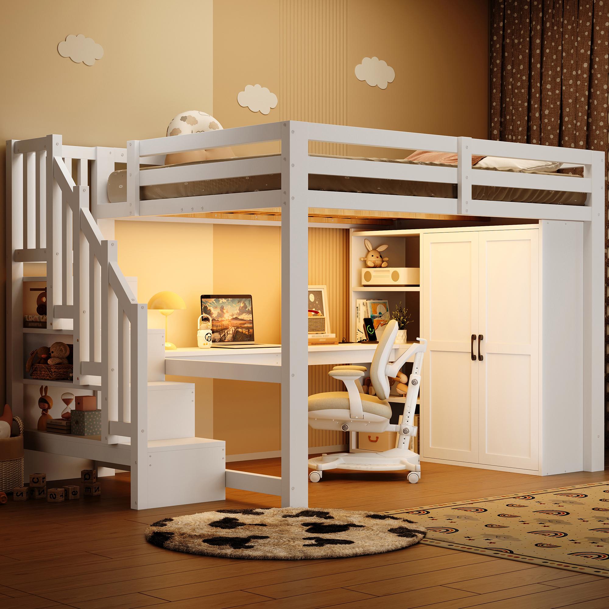 Merax Etagenbett 140x200cm, Hochbett mit Schreibtisch, Regal, Kleiderschrank, Stauraumtreppe, USB, LED, Stockbett Holz, Kinderbett, Weiß