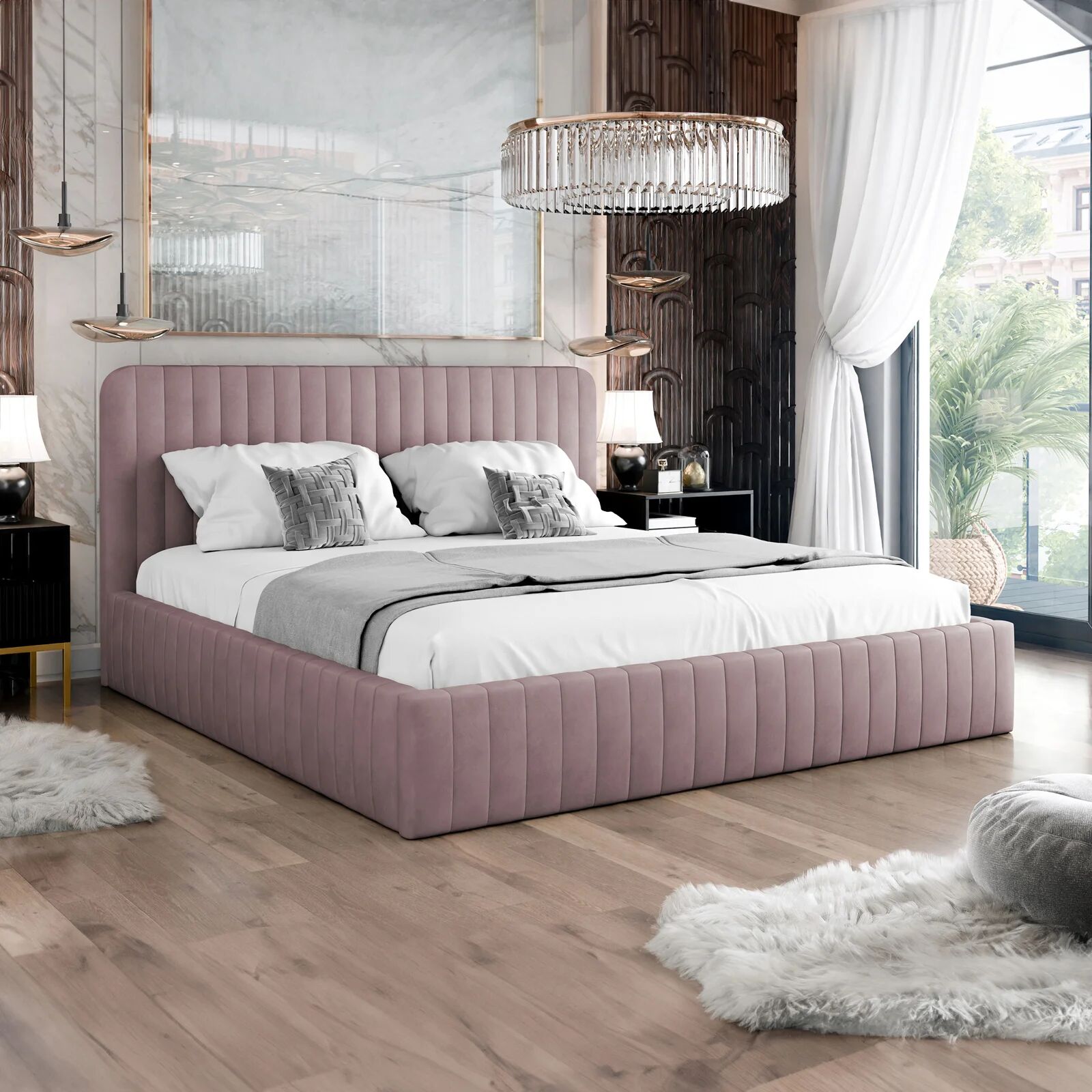garneroarredamenti Letto contenitore matrimoniale 160x200 imbottito velluto rosa Poffi