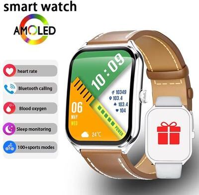 Inspired Finds "Ultra Thin Smart Watch 1.96"" AMOLED Display Always On HD Screen, Call Reminder & Fitness Tracking For Men And Women brown Belt"