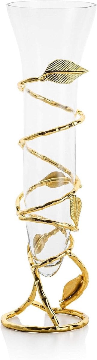 Transparante glazen vaas met gouden blad design, Hoogte: 40 cm