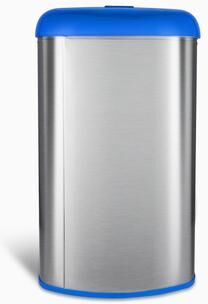 Nine Stars open top stainless steel trash can with blue trim and recycle magnet