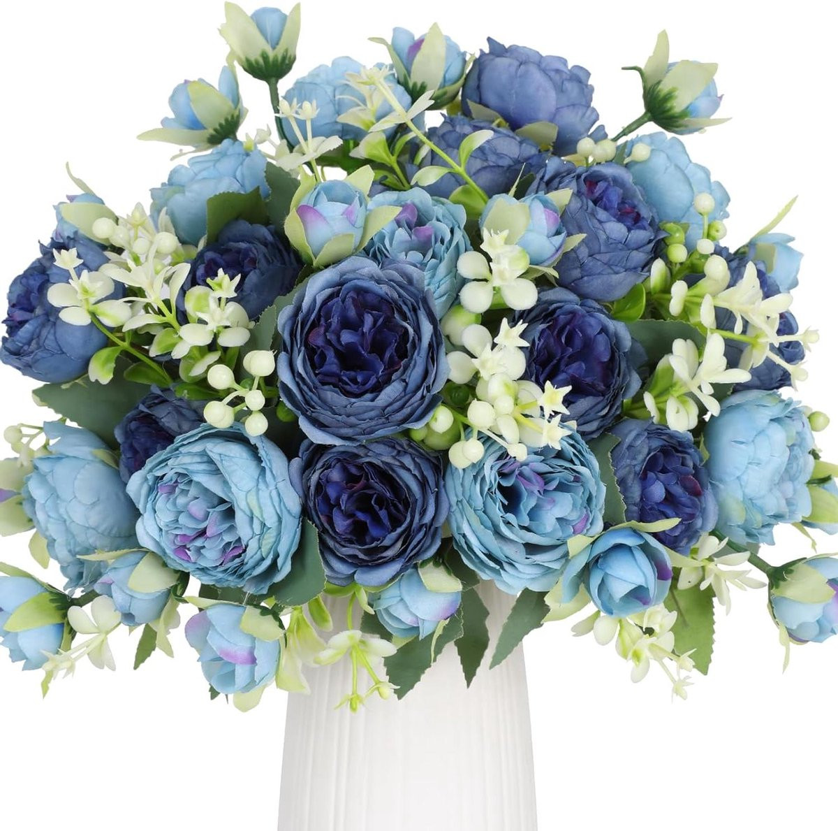 Set van 4 blauwgroene kunstbloemen pioenen van zijde voor woondecoratie, 32 cm