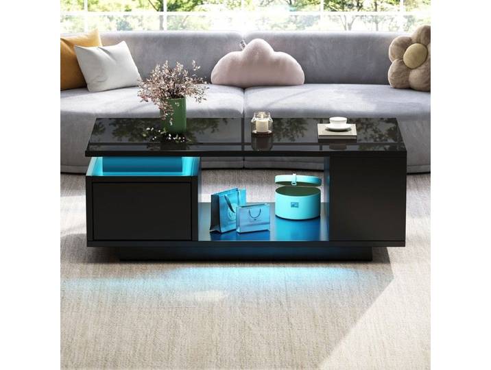 Table basse - MINIMAL - MINIMAL HOME - 100x50x36 cm - Brillant noir - LED USB & tiroir