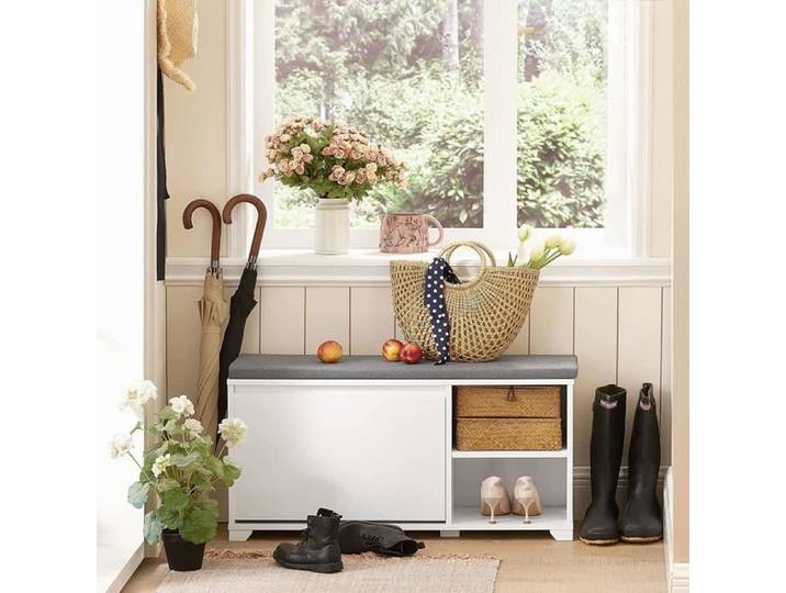 SoBuy FSR119-W Banc à Chaussures avec Coussin Rembourré 1 abattant et 2 Compartiments Ouverts 90x24x46cm Blanc