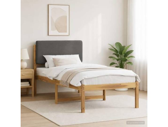 Bett mit Kopfteil, weiß gewaschen und hellgrau beschichtet Akazienholz massiv, Leinenimitat 100% Polyester, Bezug waschbar, Inneneinsatz, Minimalistischer Stil