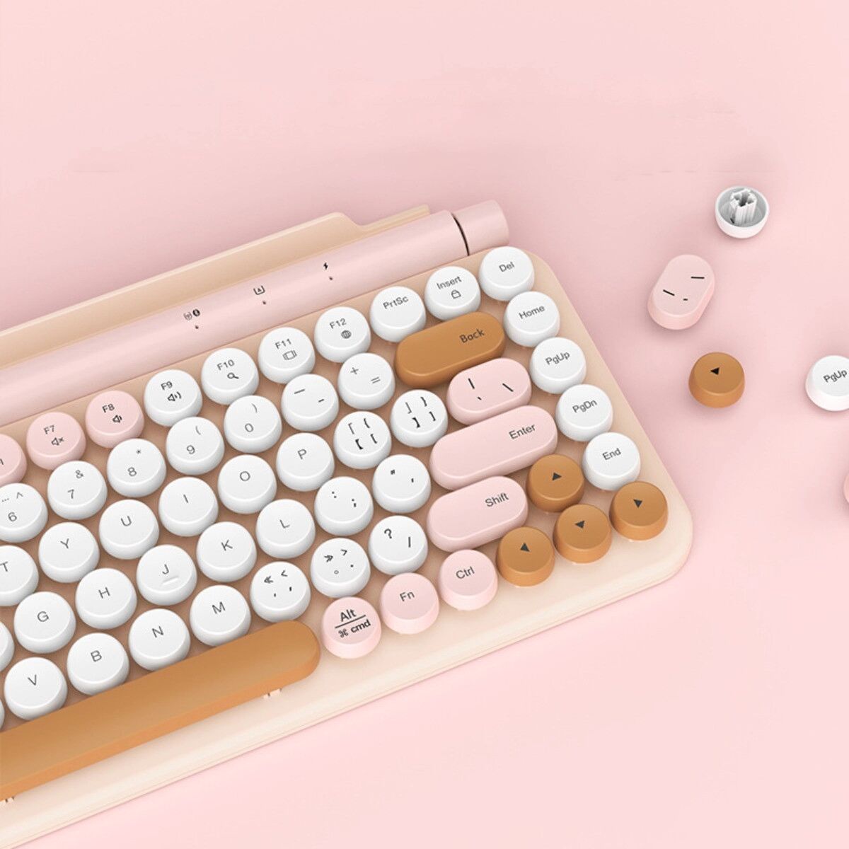 INF Dual-Modus kabellose Gaming-Tastatur, 87-Tasten kompakt mit Retro-Rundtasten, 2.4G & Bluetooth 3.0/5.0, kompatibel mit Rosa