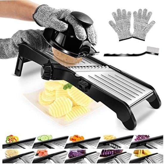Multifunctionele handbediende vegetiersnijmachine en mandoline in zwart met roestvrijstalen elementen