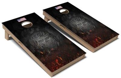 Skip's Garage Metal Skull Helmet Cornhole Board Set