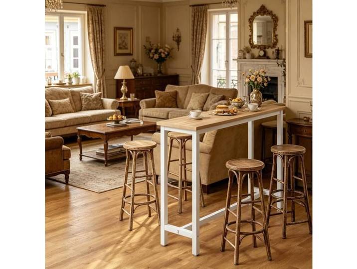 VUENOR Table haute rectangulaire 140 x 100 x 40 cm blanc et chêne clair - MDF métal 150 kg