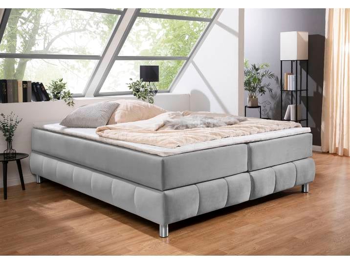 Boxspringbett, 206x226 cm, Samtoptik, Hellgrau, Ohne Kopfteil, Skandinavisch, andas
