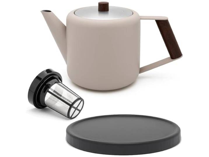 Bredemeijer doppelwandige Retro Teekanne 1.1 Liter beige - mit schwarzem Holz-Untersetzer & Edelstahl-Tee-Filter Sieb-Einsatz - isolierende Kanne aus Edelstahl